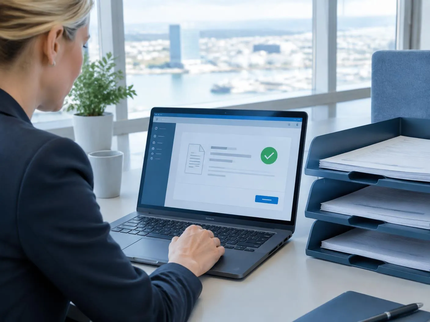 Kvinne ved en laptop som viser et dokument med grønt bekreftelsesmerke, med dokumentbrett ved siden av
